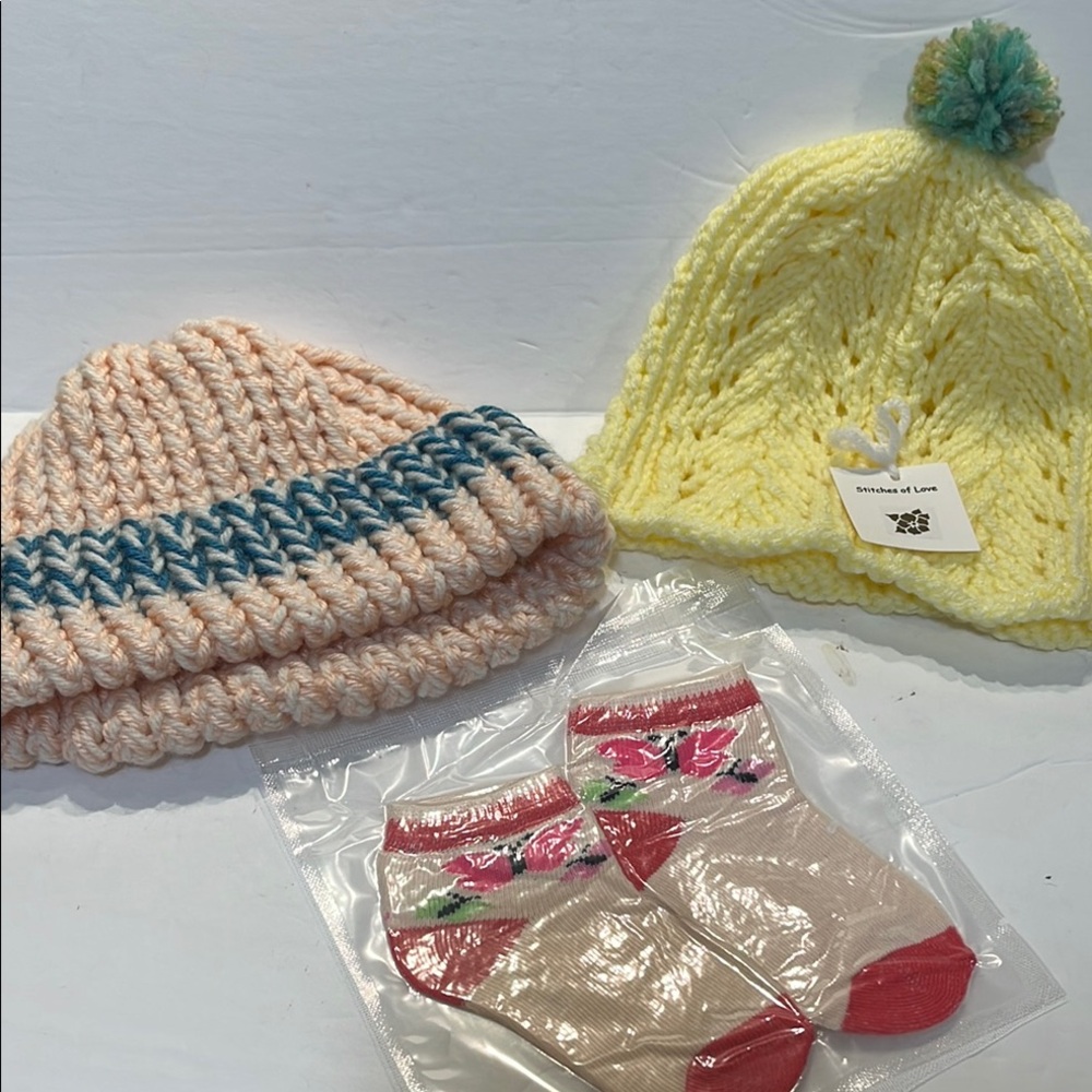 Handmade Cozy Knit Beanie and Sock Set for babies by Stitches Of Love.